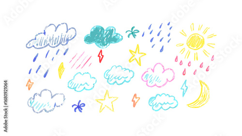 Hand drawn crayon weather elements clouds moon