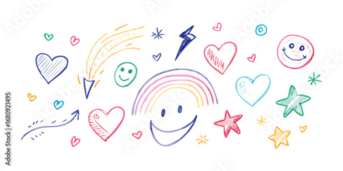 Hand drawn doodles hearts stars smiles vector