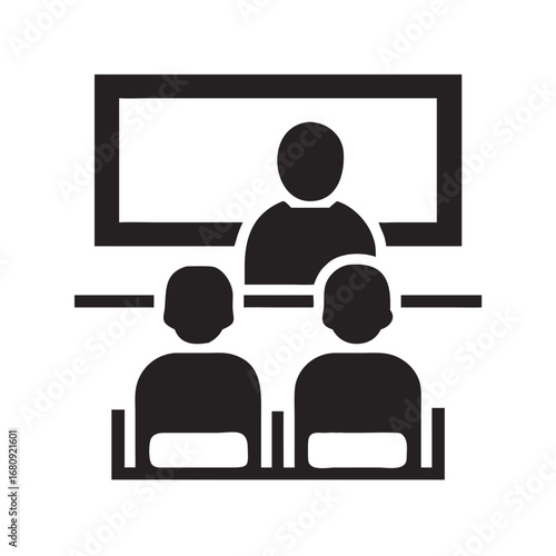 Illustration of a business presentation with a speaker and two audience members
