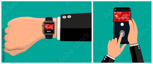 Man doing contactless payment with smart watch and credit card. Mobile payment and online shopping technology concept.