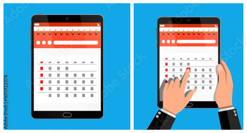 Man hand holding tablet with marked calendar. Online schedule and meeting date. Digital reminder and event planner concept.