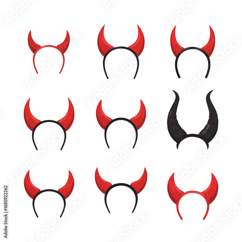 Collection of devil horn headbands in red and black for costume and halloween