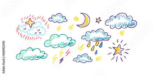 Hand drawn weather elements clouds rain