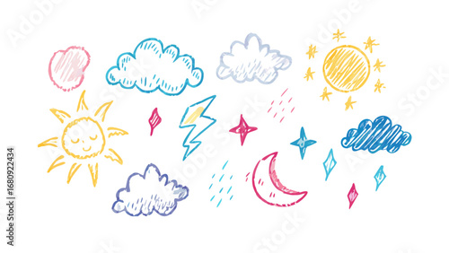 Hand drawn weather elements crayon style clouds moon