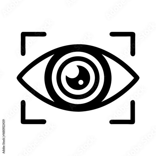 Vector art of black eye scan icon with focus frame, representing biometric identification, security access, and technological vision