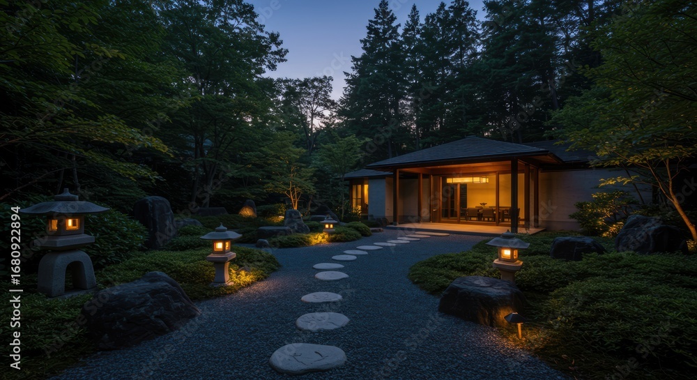 Fototapeta premium Serene Japanese garden with stone lanterns light pathway at twilight to traditional tranquil home
