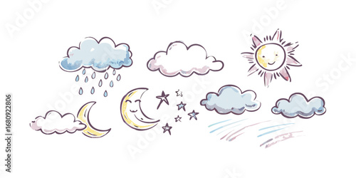 Hand drawn weather elements with watercolor effect