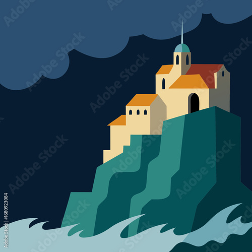 Vector art of coastal building perched on a cliff overlooking stormy seas