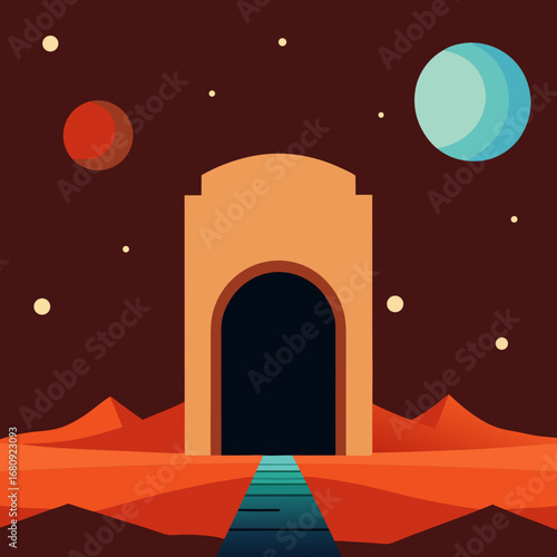 Vector art of scifi portal or gateway on a desolate alien planet with two moons