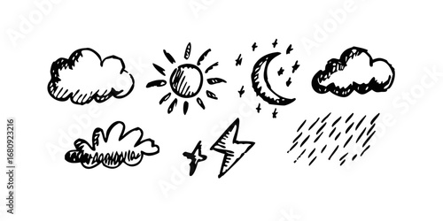 Hand drawn weather icons sun moon clouds rain lightning