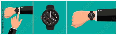 Man hand with classic black wrist watch and finger pointing. Business time management concept vector illustration flat style. Deadline.