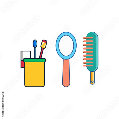Vector art of bathroom toiletries including toothbrush holder, mirror, and hairbrush isolated on white