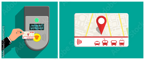 Man hand pays for city pass. Payment approved. Public transport map with location marker. Route tracking concept.