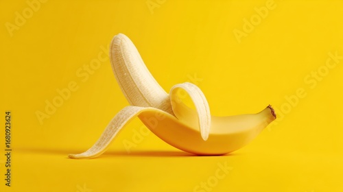 Single banana peeled on yellow background