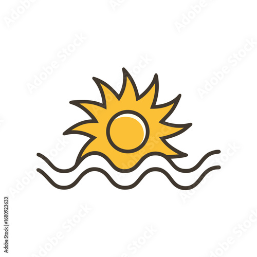 Vector art of stylized sun rising over wavy water surface