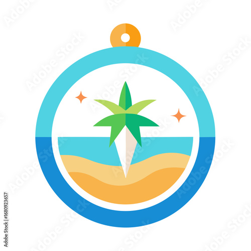 Vector art of compass pointing to tropical island with palm tree and ocean