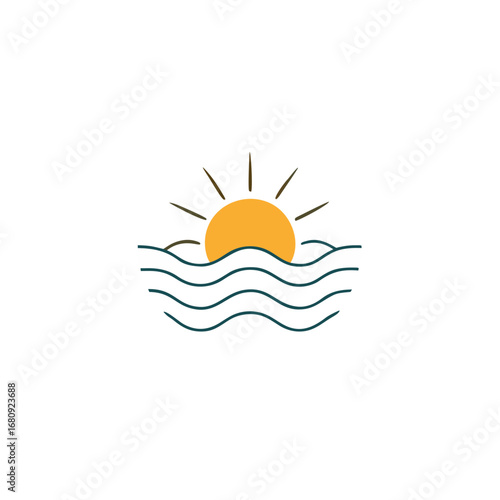 Vector art of stylized sun with rays rising above wavy water