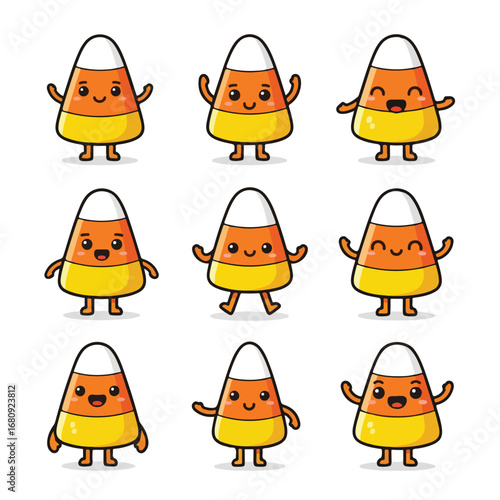 Cute kawaii halloween candy corn characters with different emotions and poses