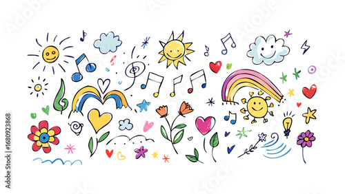 Happy doodles with suns clouds and rainbows illustration