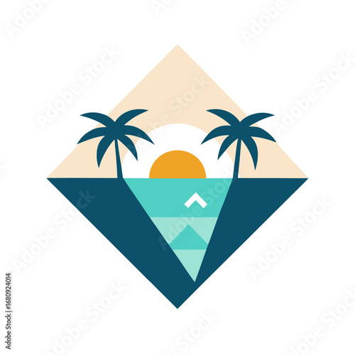 Vector art of geometric sunset over ocean with palm trees in a diamond shape