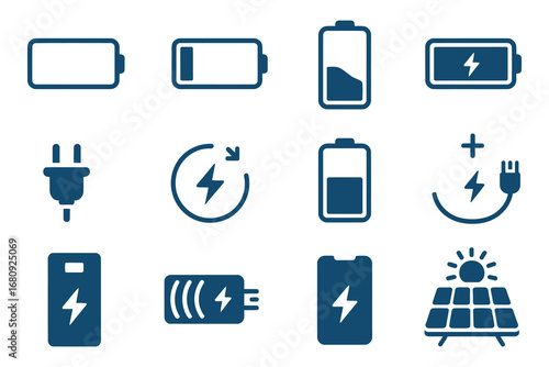 Charging Icon Set, Battery, Power, Energy, Plug Icons