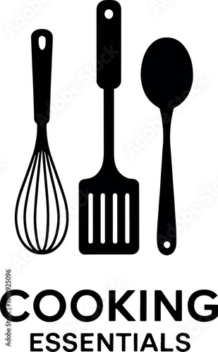 Black and white vector illustration of cooking essentials for culinary arts and kitchen tools perfect for web design and print materials