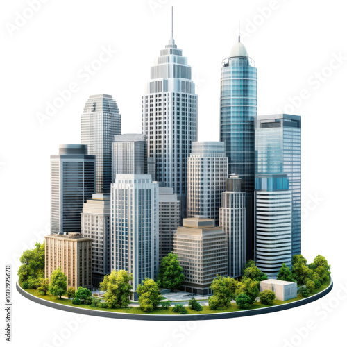 Detailed miniature cityscape featuring modern skyscrapers and lush greenery on a circular platform showcasing architectural design and urban planning on transparent background