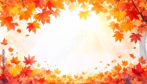 Bright autumn maple leaves frame with warm golden sunlight background, seasonal fall design