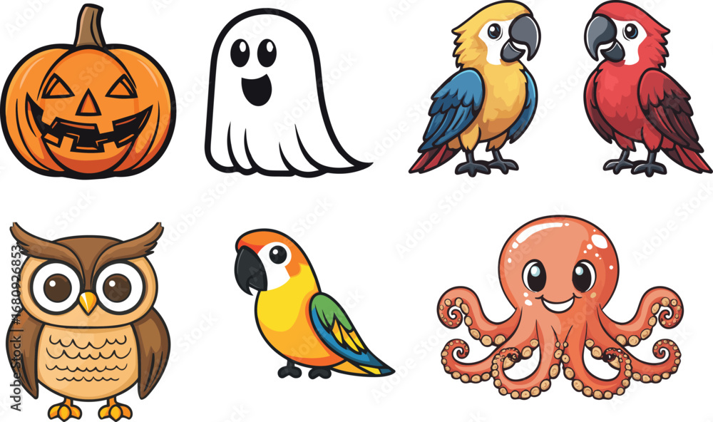Fototapeta premium A spooky set of cute cartoon animals and funny vector birds for your Halloween design
