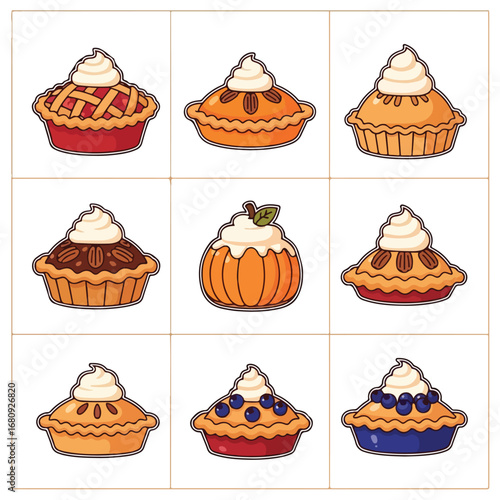 Collection of nine delicious cartoon pies with whipped cream and fruit toppings for thanksgiving