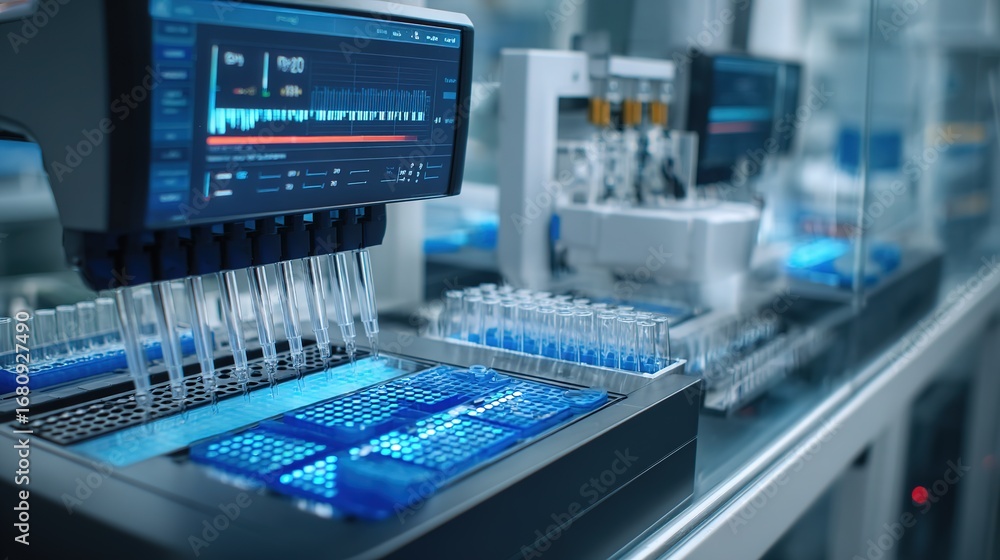 Fototapeta premium gene chips loaded in the laboratory automated sequencer, robotic arms adding reagents, sequencing progress bar displayed on the screen, background is low - temperature storage cabinet