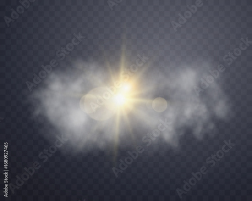 Gold sunlight lens flare in cloud, sun flash with rays and spotlight. Gold glowing burst explosion on a transparent background. Vector illustration.