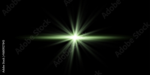 Green horizontal lensflare. Light flash with rays or green spotlight. Glow flare light effect. Vector illustration. Isolated on dark transparent background.