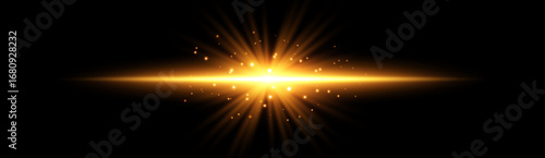 Light flash with rays or golden spotlight and particles. Yellow glow light effect. Vector illustration. Isolated on black background.