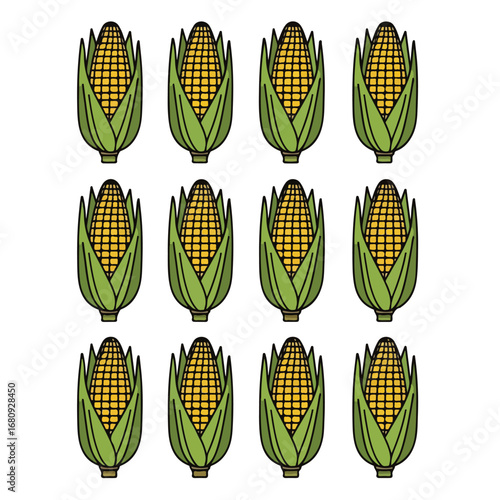 A repeating pattern of twelve ripe yellow corn cobs with green husks on a white background