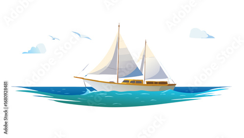 Sailboat sailing on blue water with clouds and birds