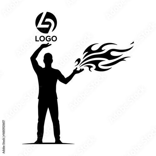 A silhouette of a fantasy character where the logo and fire are symbolically displayed together, suitable for use in business logo concepts, game designs, comics covers, and creative posters.