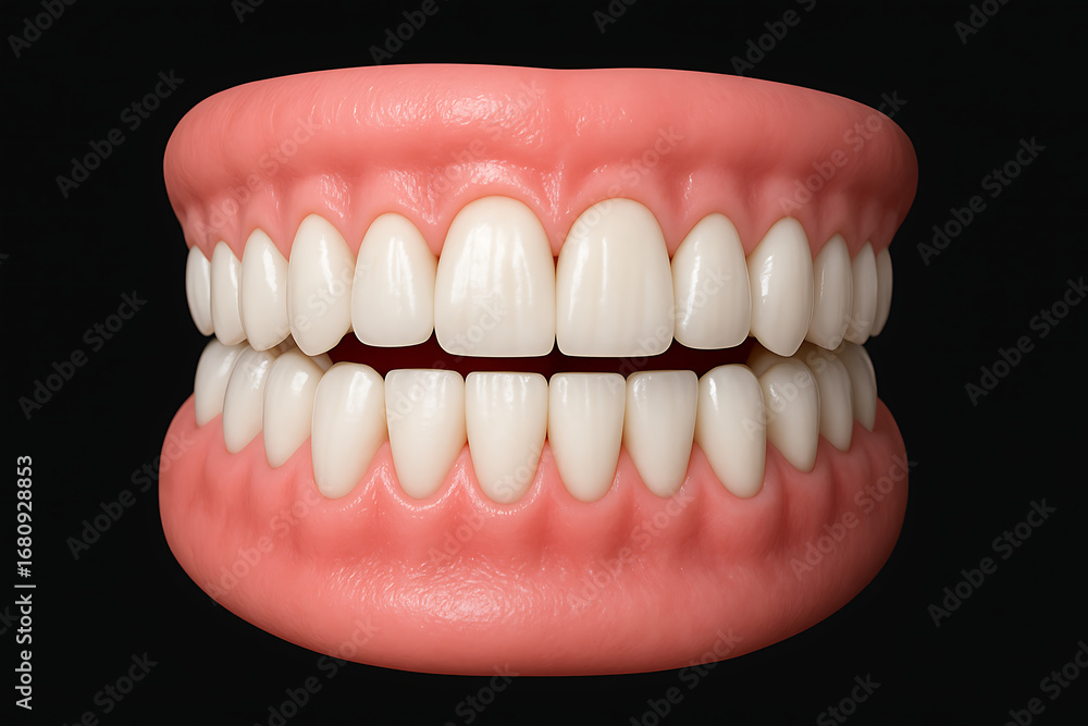 Obraz premium Perfectly aligned and healthy teeth. a detailed 3d render of a human jaw showing perfectly aligned, clean, and healthy white teeth, set against a black background