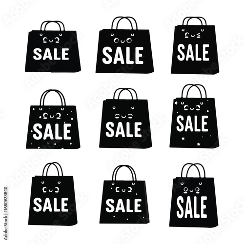 Collection of nine black shopping bags with the word sale in white text