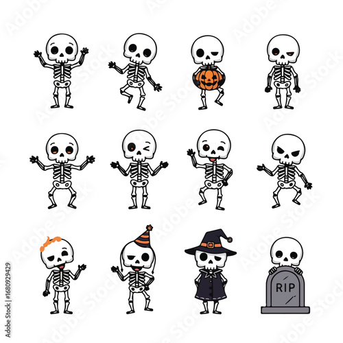 Collection of cute cartoon skeletons in various halloween costumes and poses