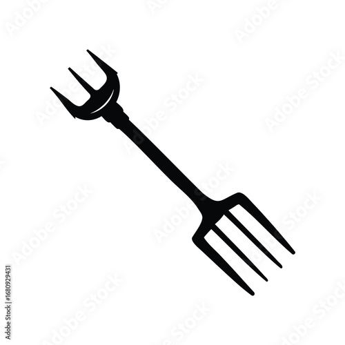 Stylized black and white image of two distinct forks connected by a handle, pitchfork silhouette vector illustration