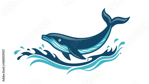 Stylized blue whale breaching ocean waves water