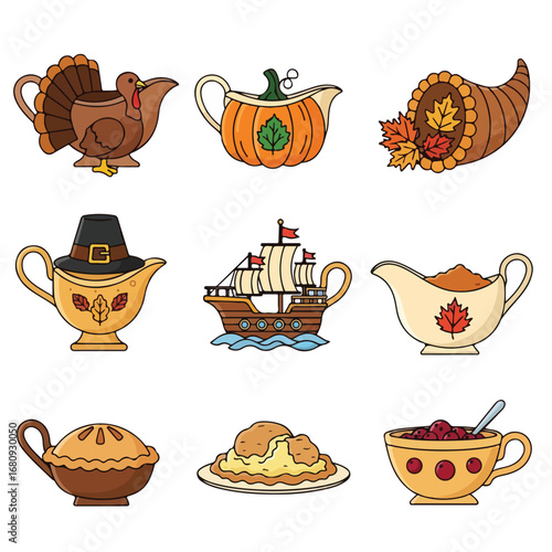 Collection of thanksgiving themed gravy boats and serving dishes in a grid layout