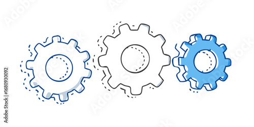 Three stylized gears in blue and gray cogwheels mechanical