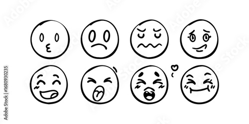 Various happy doodle faces with expressive eyes emoji