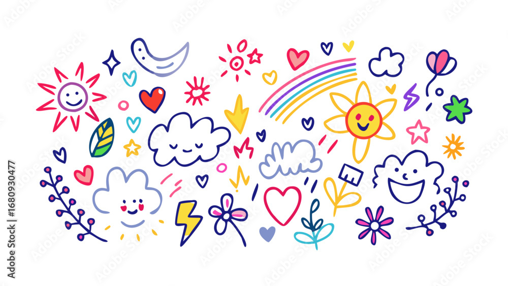 Fototapeta premium Whimsical doodle elements with suns clouds and rainbows