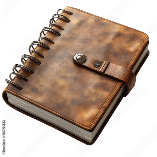 Leather bound journal with a metal clasp and spiral binding perfect for writing notes sketching or use as a personal diary or travel log book on transparent background