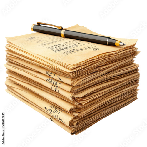 Stack of aged papers with handwritten notes and a pen resting on top creating a vintage and scholarly atmosphere for archival or historical themes on transparent background