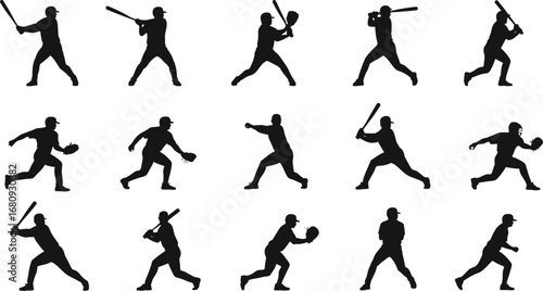 Baseball player silhouette vector collection, batting, pitching, catching, running, fielding poses, sports motion, athletic activity, team game artwork