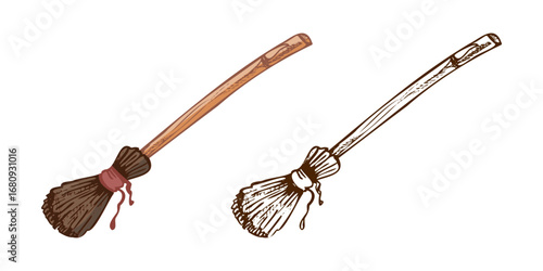 Hand drawn vintage sketch set of halloween witch broomsticks in color and monochrome rustic style illustration